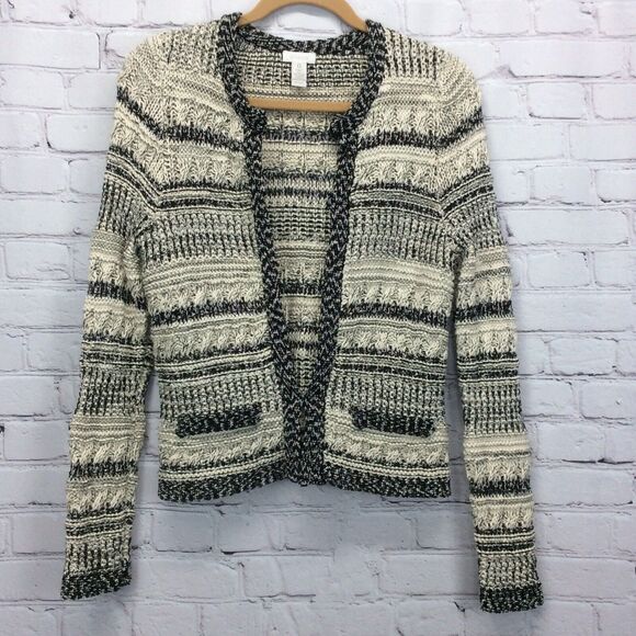 Chico’s Cardigan Sweater Women's Sz 0 (XS/4) Black/Tan Chunky Hook/Loop Closure - Picture 10 of 12